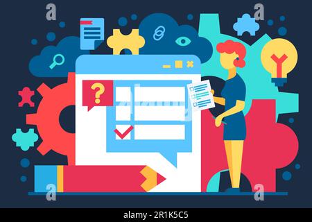 Character Woman Check Test in Internet Banner. Female with List Standing near Window Browser, Pencil and Lightbulb, Detail of Puzzle and Document File Stock Vector