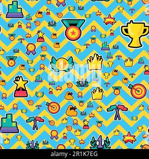 Awards stickers seamless color vector pattern. Medals, trophies, rewards, prizes zigzag background Stock Vector