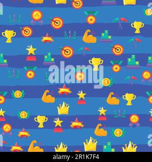 Achievements seamless vector pattern. Winner trophies, medals, awards, prizes on striped background Stock Vector