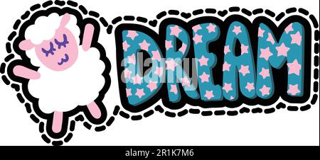 Sheep with dream lettering stitched frame patch. Sleeping lamb flat sticker. Dash line cute drawing Stock Vector
