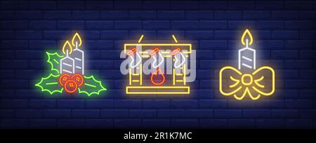 Burning candles and fireplace with socks neon signs set Stock Vector