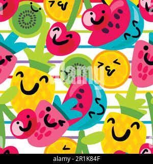 Cartoon fruits semoji seamless pattern. Smiling kiwi, watermelon, strawberry on striped background Stock Vector