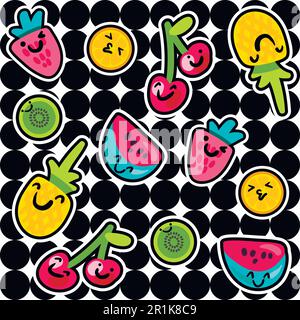 Fruits seamless color vector pattern. Kiwi, orange, cherry, watermelon, strawberry stickers set Stock Vector