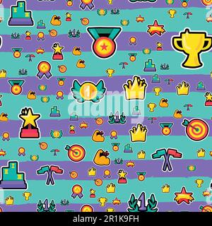 Awards color seamless vector cartoon pattern. Champion trophies, prizes, medals striped background Stock Vector