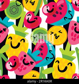 Fruits hand drawn seamless vector pattern. Kiwi, pineapple, orange emoji, sticker striped background Stock Vector