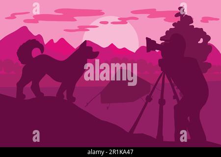 Wildlife, nature photographer flat vector illustration. Minimalistic landscape with dog silhouette Stock Vector