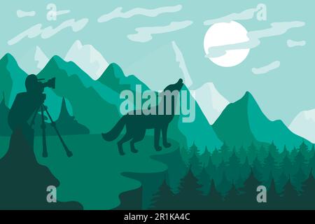 Wildlife, nature photographer flat vector illustration. Minimalistic landscape with wolf silhouette Stock Vector