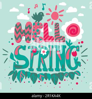 Hello spring greeting card vector template. Flat design quote. Poster, banner cartoon illustration Stock Vector