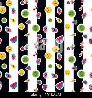 Fruits characters seamless color vector pattern. Striped background with kiwi, oranges, pineapple Stock Vector