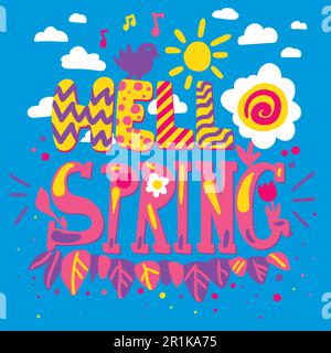 Hello spring hand drawn lettering. Scandinavian style illustration. Greeting card, poster, banner Stock Vector