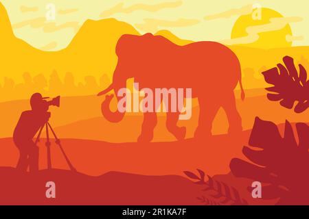 Wildlife photographer flat illustration. Minimalistic evening panorama with elephant silhouette Stock Vector