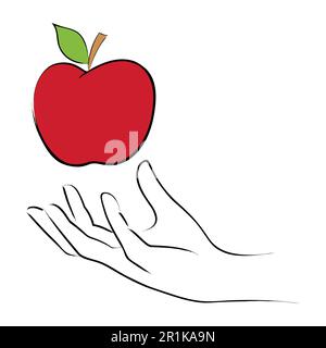 Line art illustration of a hand grabbing an apple Stock Vector