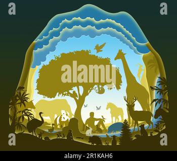 Adam and Eve in the Garden of Eden. Adam naming the animals. Paper art. Bible story. Digital Art. Stock Photo