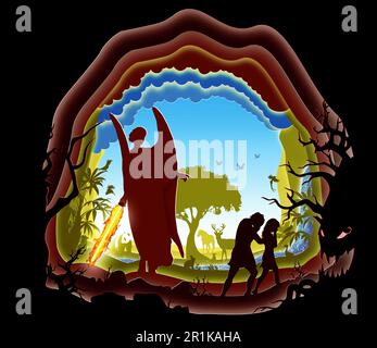 Adam and Eve in the Garden of Eden. Banished from the garden. Paper art. Bible story. Digital Art. Stock Photo