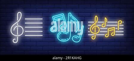 Stave, treble clef and music notes neon signs set Stock Vector