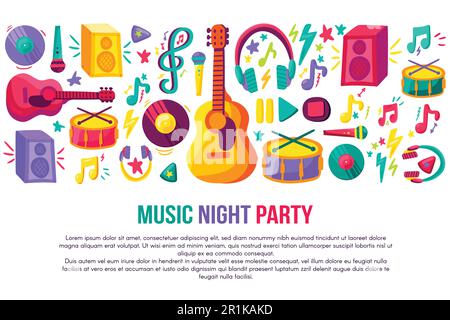 Music night party invitation poster vector template. Flat musical instruments banner, flyer design Stock Vector