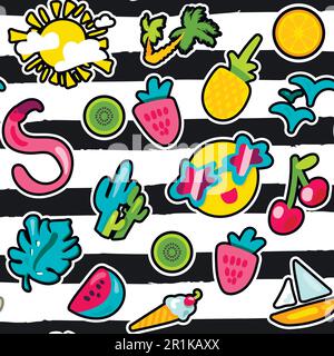 Summer patches color seamless vector pattern. Holiday resort accessories. Vacation stickers Stock Vector