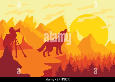 Wildlife, nature photographer flat vector illustration. Minimalistic evening landscape with wolf Stock Vector