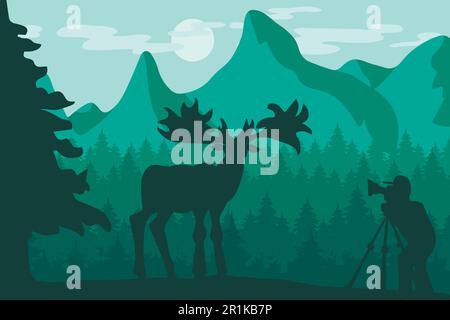 Wildlife photographer flat vector illustration. Minimalistic landscape with deer silhouette Stock Vector