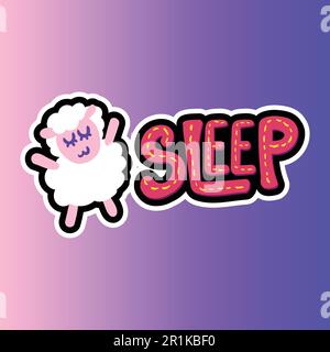 Sheep stitched frame illustration. Sleep lettering flat sticker. Dash line sleeping lamb drawing Stock Vector