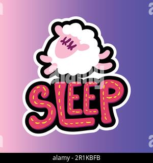 Sheep stitched frame illustration. Sleep lettering flat sticker. Dash line sleeping lamb drawing Stock Vector