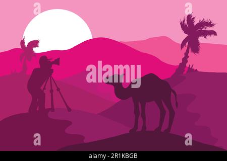 Wildlife, nature photographer flat vector illustration. Minimalistic landscape with camel silhouette Stock Vector