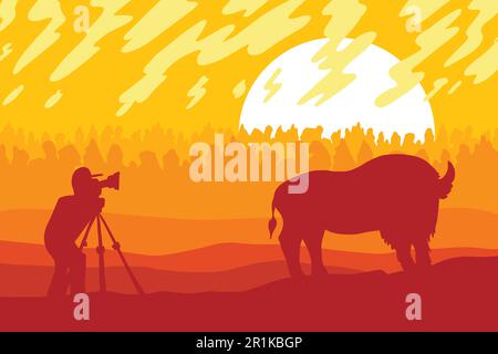 Wildlife, nature photographer flat vector illustration. Minimalistic landscape with bison silhouette Stock Vector