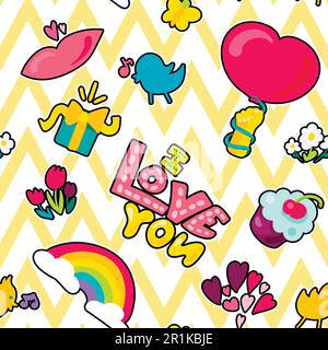 Romantic seamless vector pattern. Valentine's Day texture. Love drawings yellow zigzag background Stock Vector