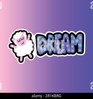 Sheep with dream lettering stitched frame patch. Sleeping lamb flat sticker. Dash line cute drawing Stock Vector
