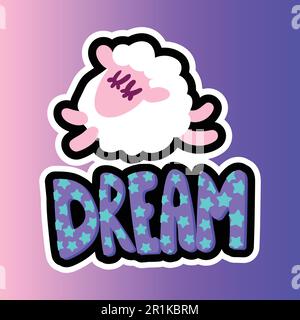 Sleeping sheep stitched frame patch. Dream lettering flat sticker. Dash line cute illustration Stock Vector