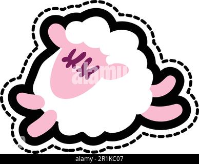 Sheep stitched frame illustration. Good night sticker, patch. Dash line flat animal drawing Stock Vector