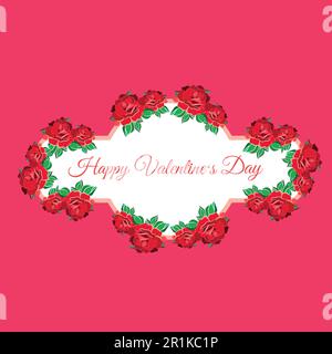 Happy Valentine's Day greeting card template. Pink calligraphy in roses frame color illustration Stock Vector