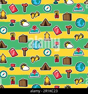 Summer travel seamless vector pattern. Trip. Hiking, camping stickers on brushstrokes background Stock Vector