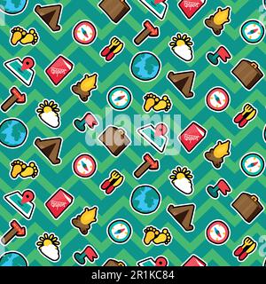 Summer travel seamless pattern. Tourism. Hiking, camping, trip stickers green zigzag background Stock Vector
