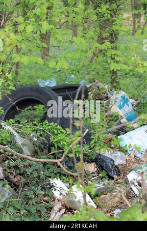Fly tipping rubbish and rubbish sacks, old tyres thrown in to woodland near roadside In North Yorkshire UK Stock Photo