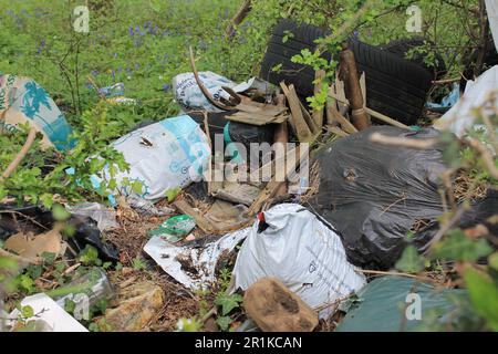 Fly tipping rubbish and rubbish sacks, old tyres thrown in to woodland near roadside In North Yorkshire UK Stock Photo