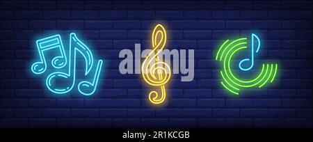 Music notes and treble clef neon signs set Stock Vector