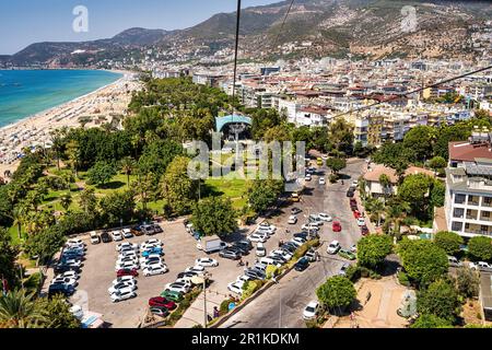 High angle view of the Alanya cable car and Cleopatra Beach in the background in Alanya, Antalya, Turkey on April 3, 2021. Providing the entrance to t Stock Photo