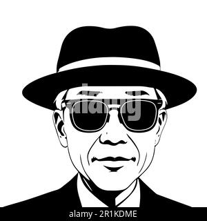 Vector illustration of a black and white portrait of a man in a hat and sunglasses. Stock Vector