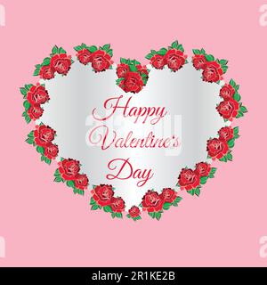 Happy Valentine's Day greeting card template. Red lettering in red roses frame color illustration Stock Vector