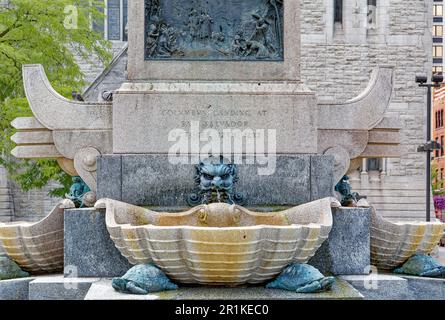 Columbus Circle, with its monument, fountains and plaza, is a tourist attraction at the intersection of Montgomery, Jefferson, and Onondaga Streets. Stock Photo