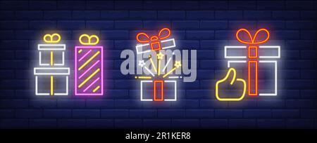 Gift boxes and thumb up gesture neon signs set Stock Vector