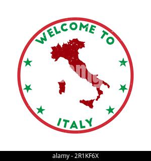 Welcome to Italy stamp. Grunge country round stamp with texture in Green Revolution color theme. Vintage style geometric Italy seal. Stock Vector