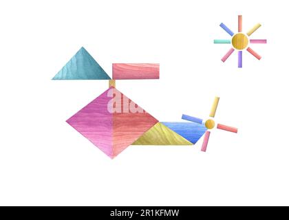 Childrenncolored helicopter and sun modeled from wooden blocks isolated on white background. Watercolor illustration for the design of postcard Stock Photo