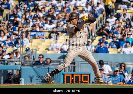 San Diego Padres left fielder Juan Soto (22) bats during a MLB game, Saturday, May 13, 2023, at Dodger Stadium, in Los Angeles, CA. The Dodgers defeat Stock Photo