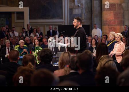 Aachen, Germany. 14th May, 2023. Ukrainian President and laureate Volodymyr Zelensky speaks at the award ceremony of the Charlemagne Prize for Services to European Unity on May 14, 2023 in the Coronation Hall in Aachen, Germany. The President of Ukraine Volodymyr Zelensky and the people of his country are awarded the International Charlemagne Prize in Aachen on Sunday, May 14. Photo by Ukrainian President Press Office/UPI Credit: UPI/Alamy Live News Stock Photo