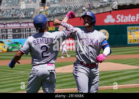 Texas Rangers' Jonah Heim during a baseball game against the Oakland  Athletics in Oakland, Calif., Sunday, May 14, 2023. (AP Photo/Jeff Chiu  Stock Photo - Alamy