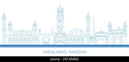 Outline Skyline panorama of city of Faisalabad, Pakistan - vector illustration Stock Vector