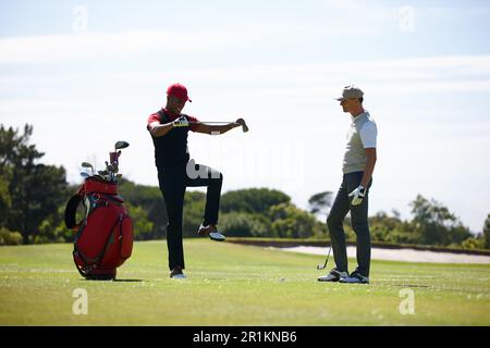 Letting the game get to him. two men playing a game of golf and looking frustrated. Stock Photo