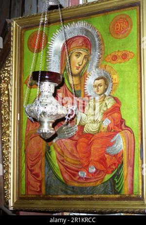 Celic Dere Monastery, Tulcea County, Romania, 2002. Old Greek Orthodox icon, considered a miracle working icon. Stock Photo